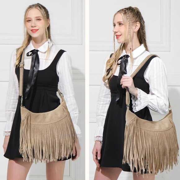 Classic 70s Style Fringe Shoulder Bag - Medium Vegan Suede Purse for Daily Use - Picture 6 of 6